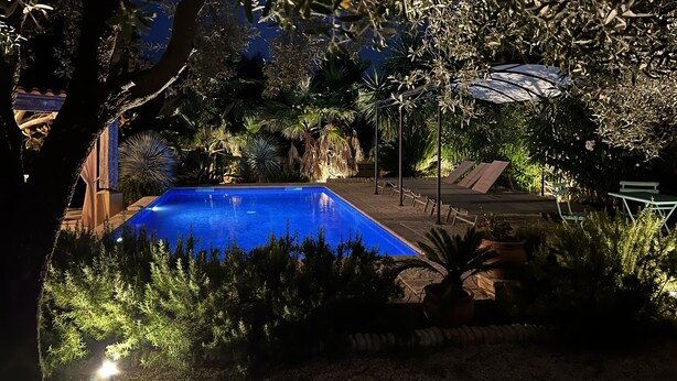 Una piscina exterior rodeada de exuberante vegetación y un patio bien iluminado con sillones de descanso.
