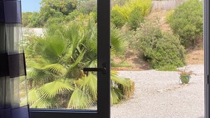 A door leading to a garden with a gravel path, palm trees, and various shrubs. - New air-conditioned T2/3 MINI loft near the paradisiacal beaches of the South Shore (Grosseto-Prugna)