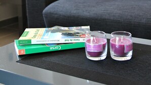 A living room with a grey sofa, a red and black pillow, a book titled 'Cortez du Sud', and two purple candles on a black table. - New air-conditioned T2/3 MINI loft near the paradisiacal beaches of the South Shore (Grosseto-Prugna)