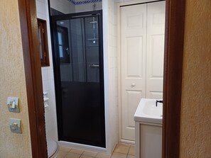 Shower, hair dryer, soap, toilet paper