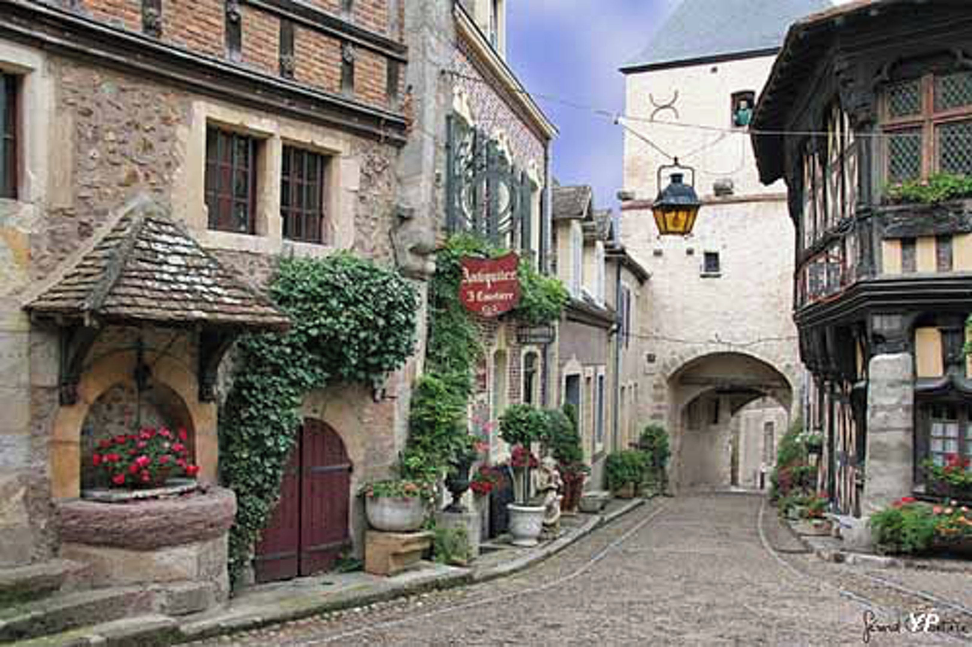 Eine enge Kopfsteinpflasterstraße gesäumt von historischen Gebäuden, manche mit Efeu und Blumenkästen.