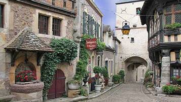 Eine enge Kopfsteinpflasterstraße gesäumt von historischen Gebäuden, manche mit Efeu und Blumenkästen.
