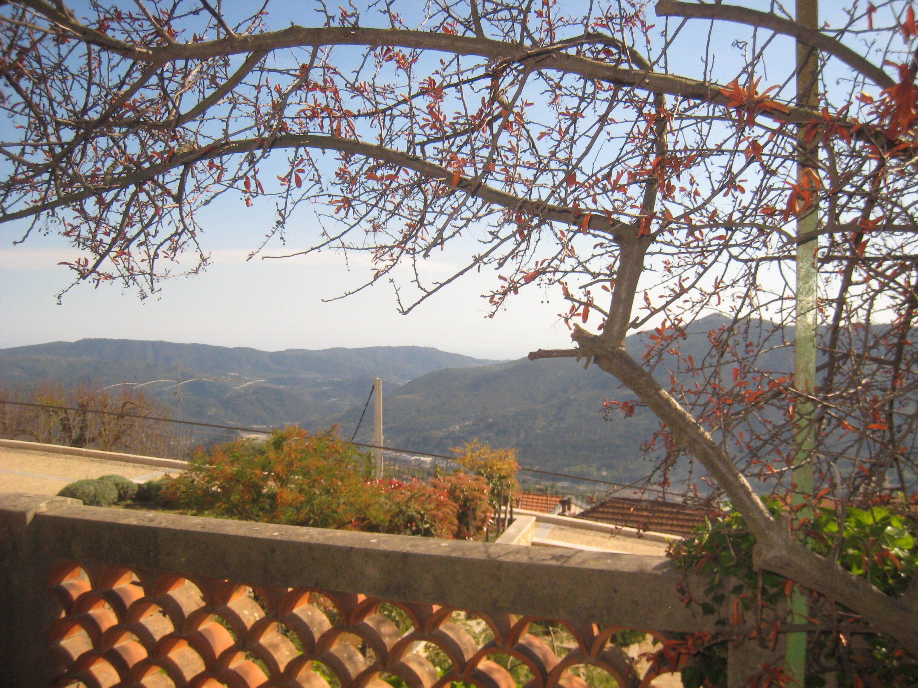 A view of a mountainous landscape with a clear sky, a tiled fence, and some vegetation in the foreground.