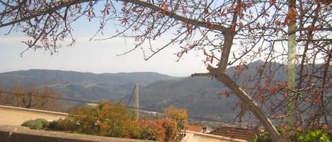 A view of a mountainous landscape with a clear sky, a tiled fence, and some vegetation in the foreground.
