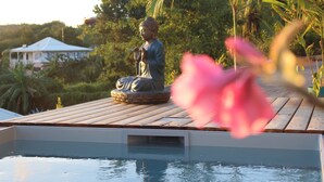 Une statue sur une terrasse en bois, avec une piscine en contrebas.