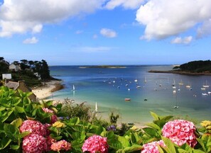 Vista costera con barcos, una playa de arena y abundante vegetación.