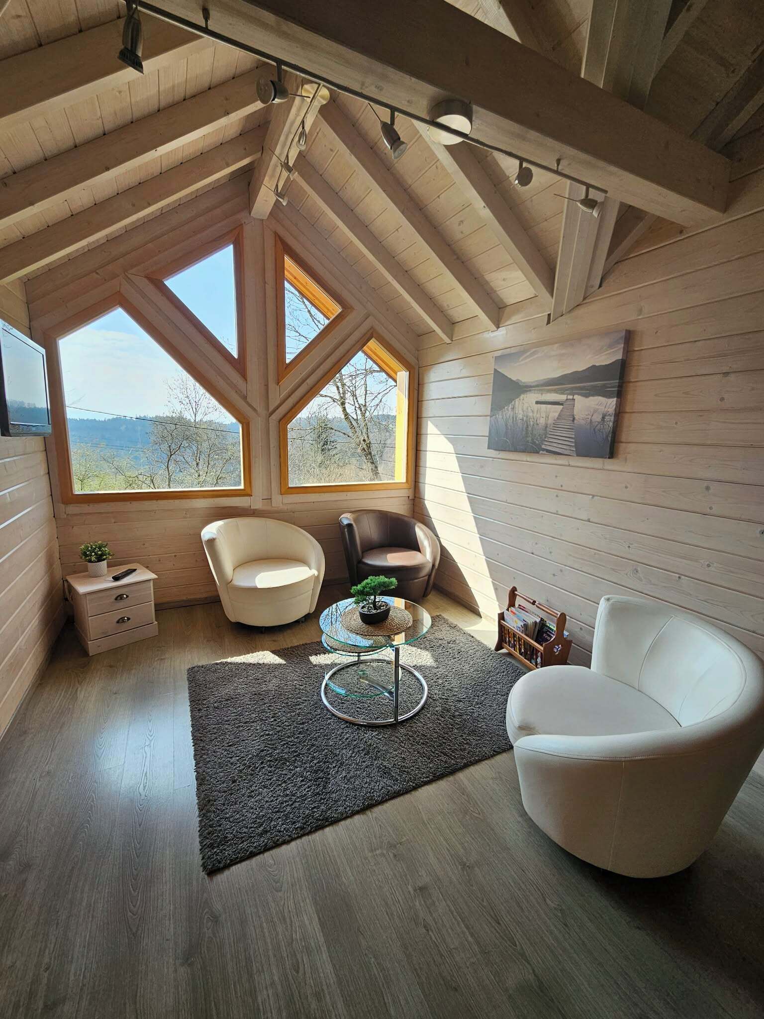 Televisie, een open haard, tafelvoetbal en een tafeltennistafel