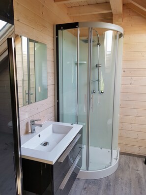 Shower, hair dryer, soap, toilet paper