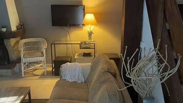 Télévision, cheminée, livres