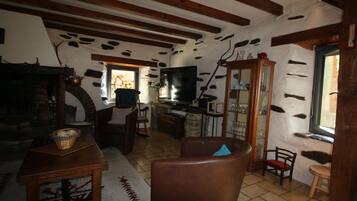 Smart TV, fireplace, DVD player, books