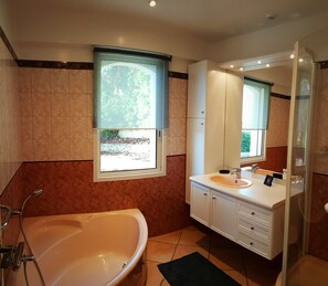 Combined shower/tub, hair dryer