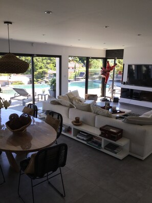 TV, lareira, livros, videoteca