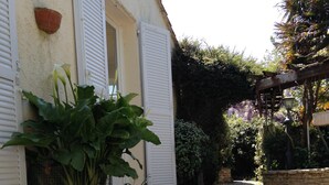 A paved pathway leading to a house with white shutters and a potted plant.
