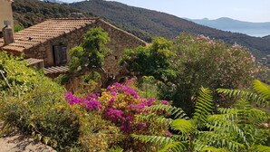 A stone building with a tiled roof, surrounded by lush greenery and flowering plants. - Traditional house, spectacular view of the Gulf of Porto (Partinello)