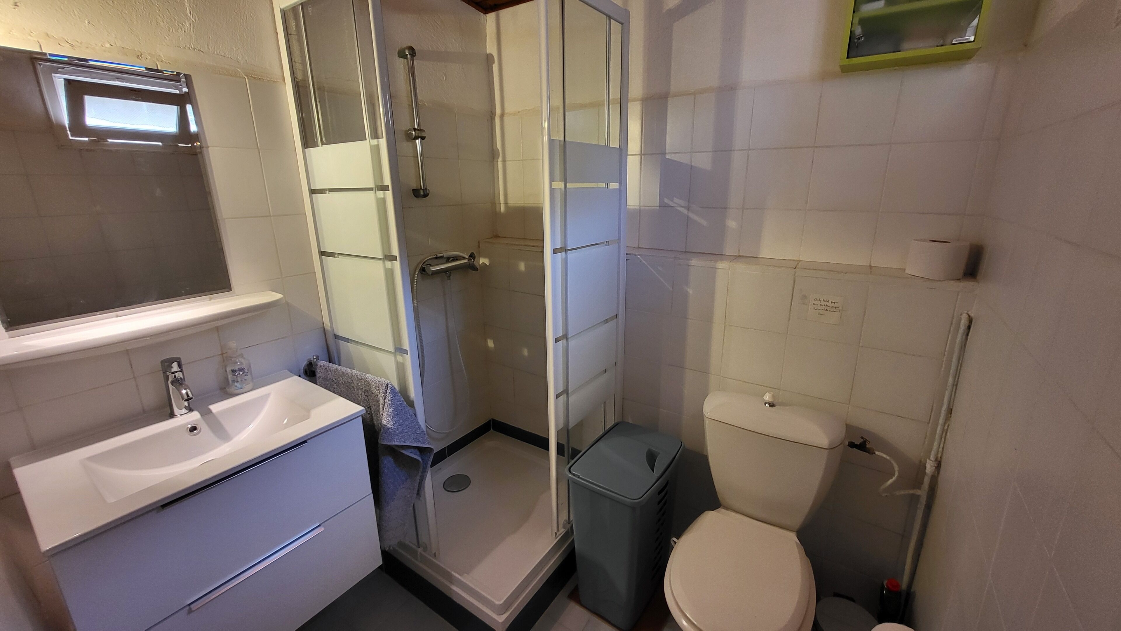 A small bathroom with a shower, toilet, and sink.