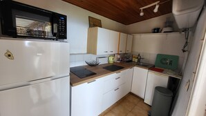 A compact kitchen with white cabinets, a microwave, a toaster, and a sink. - Traditional house, spectacular view of the Gulf of Porto (Partinello)