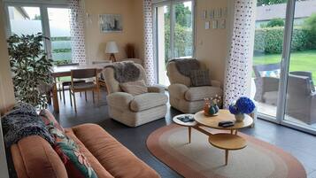 Télévision, cheminée, lecteur de DVD, livres