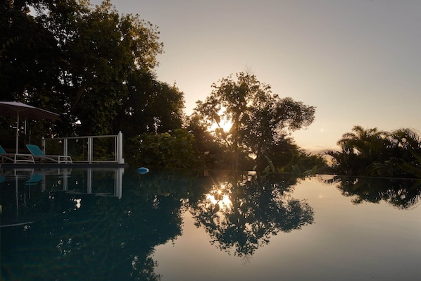 Ein friedliches Schwimmbecken mit klaren Spiegelungen von Bäumen und Sonne, umgeben von üppigem Grün.