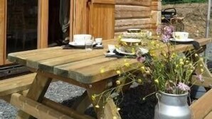 A wooden cabin with a picnic table set up outside, featuring a metal pot with flowers and a glass.