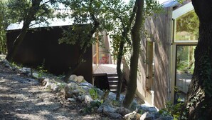 A modern building with a glass facade, surrounded by trees and a gravel path. - Architect house in Provence (La Roque-Alric)