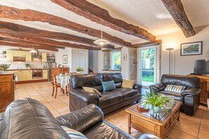 Smart TV, fireplace, books, stereo