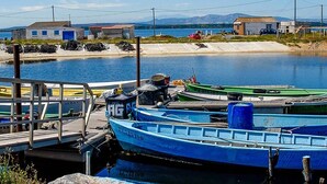 En småbåtshamn med förtöjda båtar, en sandstrand och byggnader i bakgrunden.