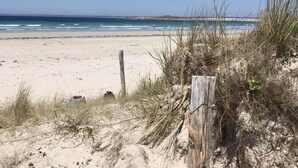 A sandy beach with a wooden fence and sparse vegetation. - Single storey house, enclosed land 400 m from the beach of pors-Carn (Penmarch)