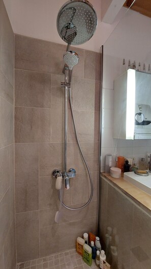 Shower, hair dryer, towels, soap