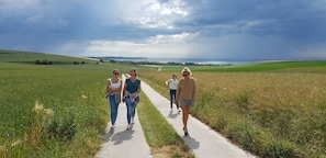 A paved path through a field with a view of the sea and hills in the distance.