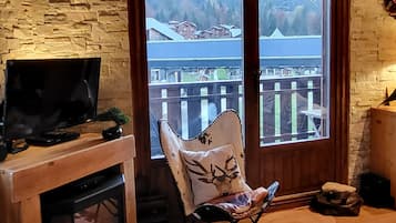 TV, caminetto, lettore DVD, libri