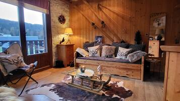 TV, caminetto, lettore DVD, libri