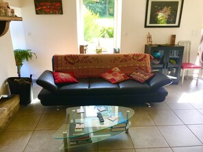 TV, fireplace, books