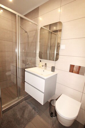 Combined shower/bathtub, hair dryer, towels