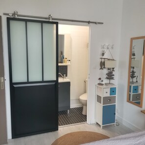 Shower, hair dryer, toilet paper