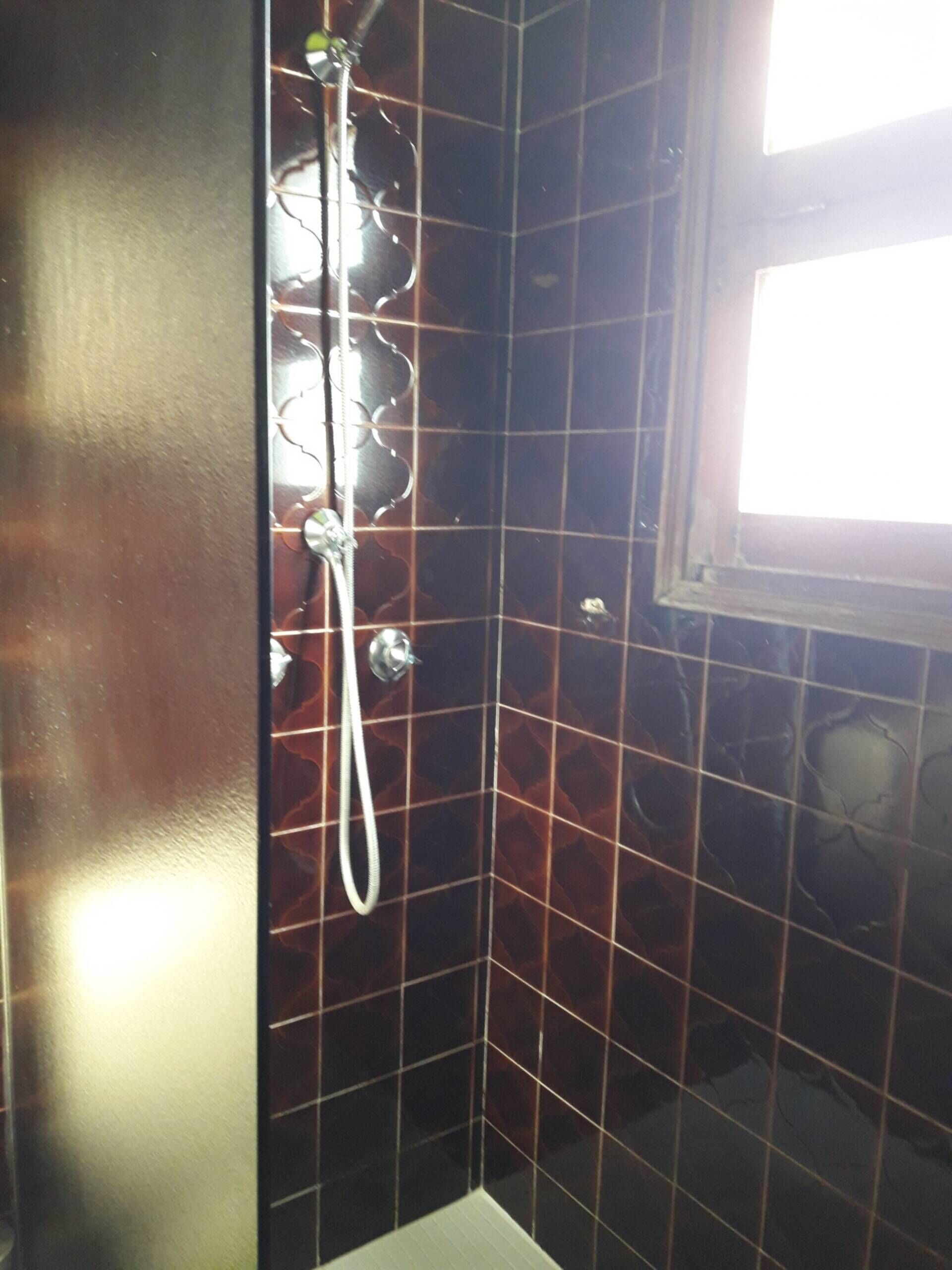 Une salle de bain avec des murs recouverts de carreaux foncés, une douche équipée d’un pommeau flexible et une fenêtre laissant entrer la lumière naturelle.