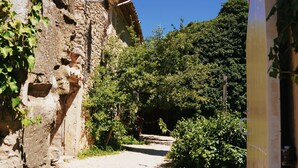 Ein schmaler Pflasterweg führt zu einem rustikalen Steinhaus mit Satellitenschüssel.