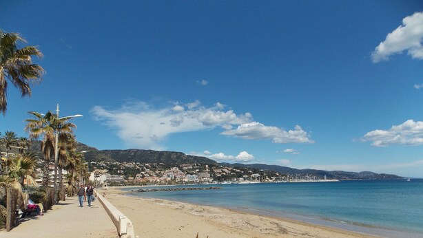A beach with a concrete walkway, palm trees, and a view of a coastal town. - Maset conditioning in a closed condominium with guardian. (Le Lavandou)