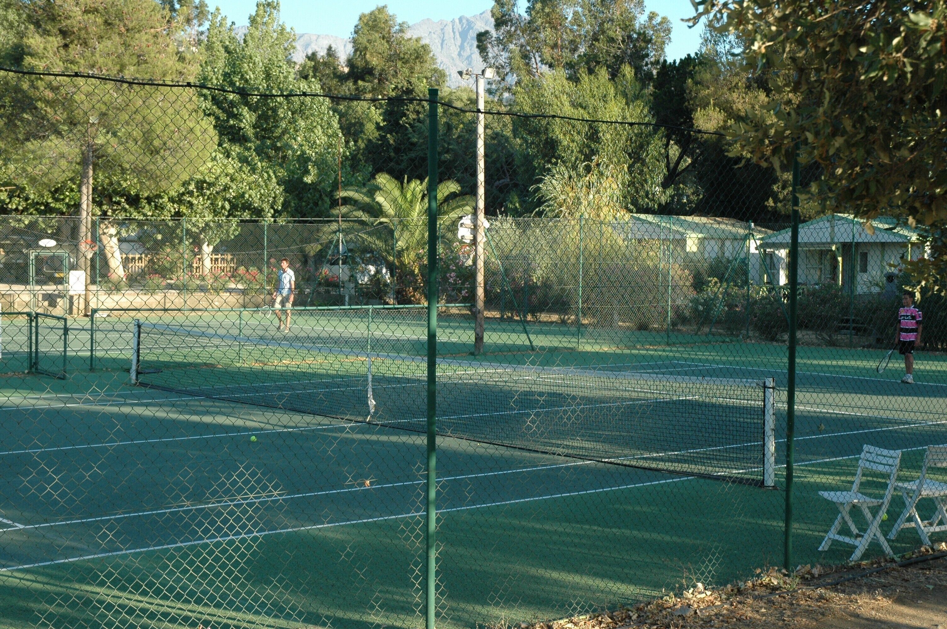 Ein Tennisplatz mit Netz, umgeben von einem Maschendrahtzaun und Bäumen.