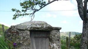 Ein rustikales Steinhaus mit Holztür, umgeben von üppiger Vegetation und einem Baum im Hintergrund.