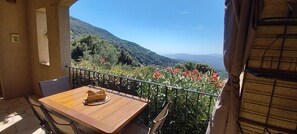 A balcony with a wooden table and chairs, overlooking a mountainous landscape with red flowers.