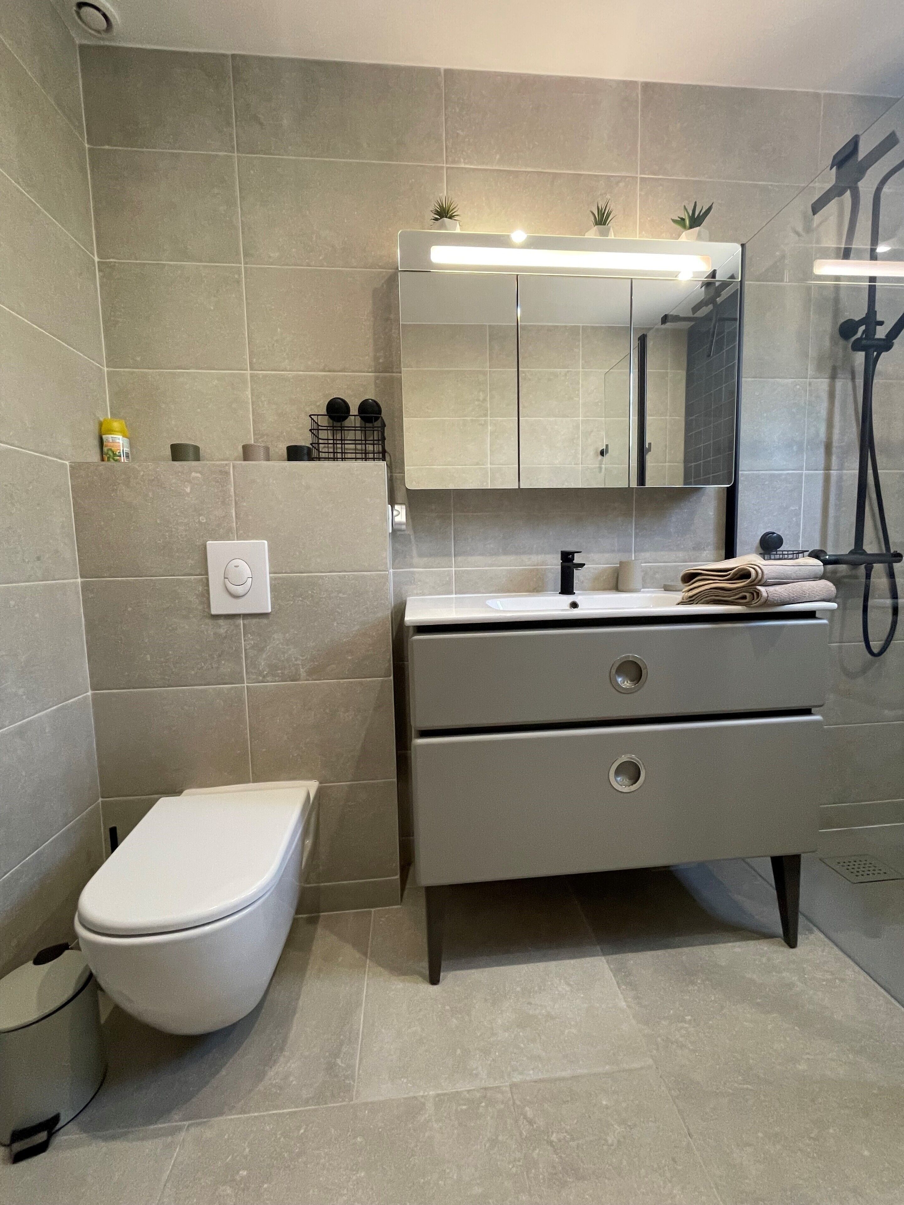 Ein modernes Badezimmer mit Toilette, Waschtisch mit Spiegel und Duschbereich.