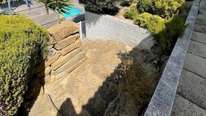 A landscaped outdoor area with a pool, stone steps, and various shrubs.