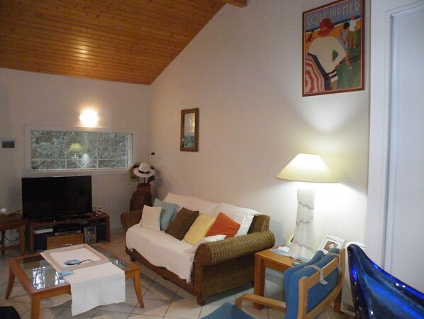 Téléviseur à écran plat, livres, chaîne audio