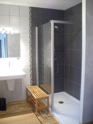 Regadera, secadora de cabello, papel de baño 