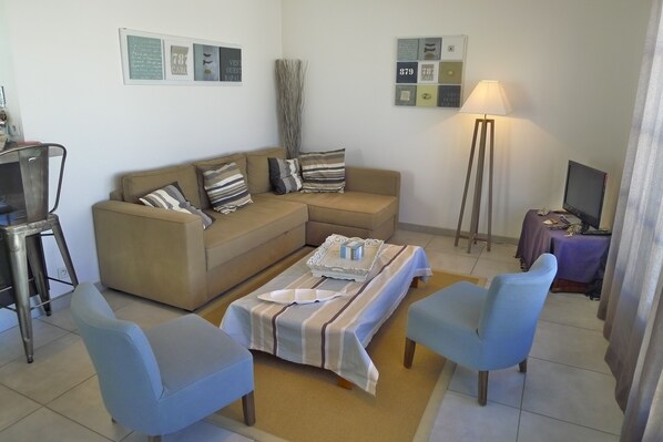 TV, DVD player, books, stereo