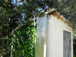 A small, white building with a window and a door, surrounded by greenery.