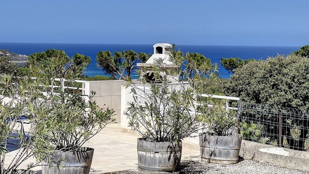 Um imóvel costeiro com vista para o mar, apresentando um edifício branco com um campanário, cercado por plantas em vasos e uma cerca de metal.