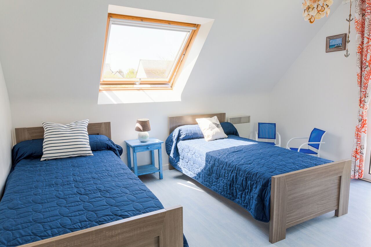 A bedroom with two beds, a skylight, a desk, and a chair.