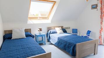 A bedroom with two beds, a skylight, a desk, and a chair.