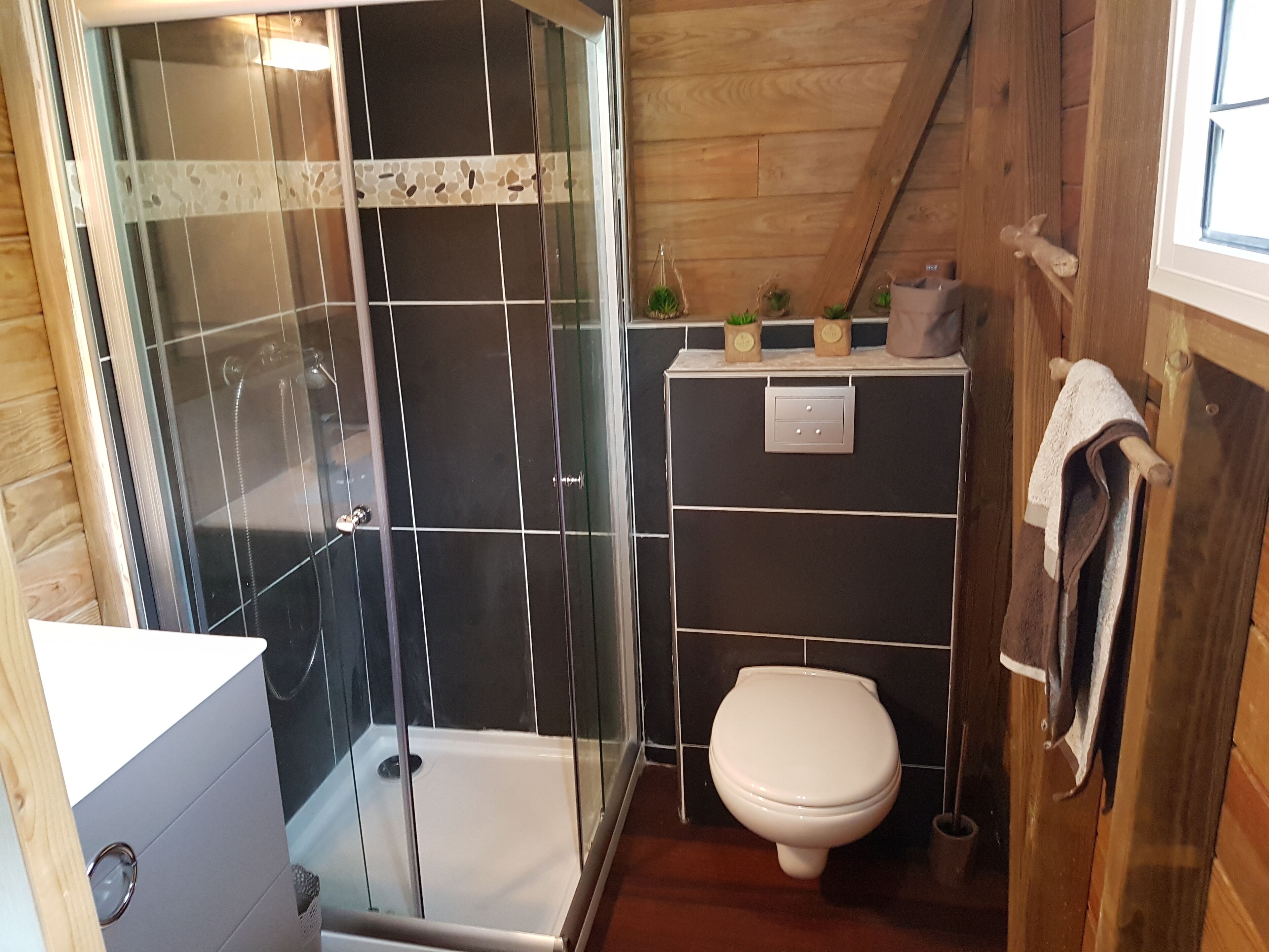 A compact bathroom with a glass-enclosed shower, a toilet, and a sink.